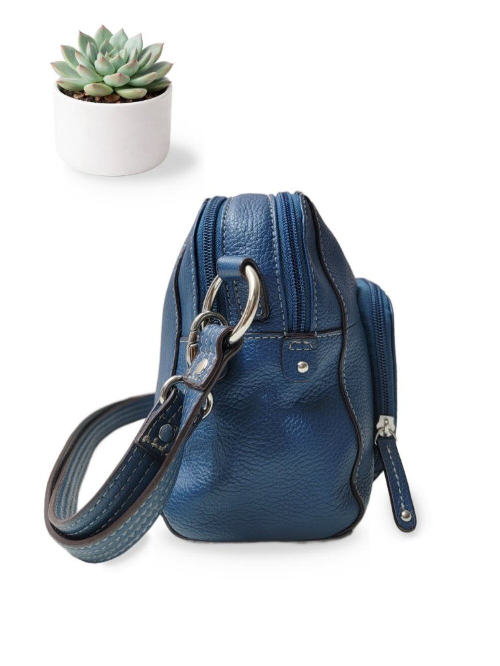 Tignanello Blue Pebbled Genuine Leather Crossbody Bag Multi-Zip Silver Hardware - Picture 5 of 8